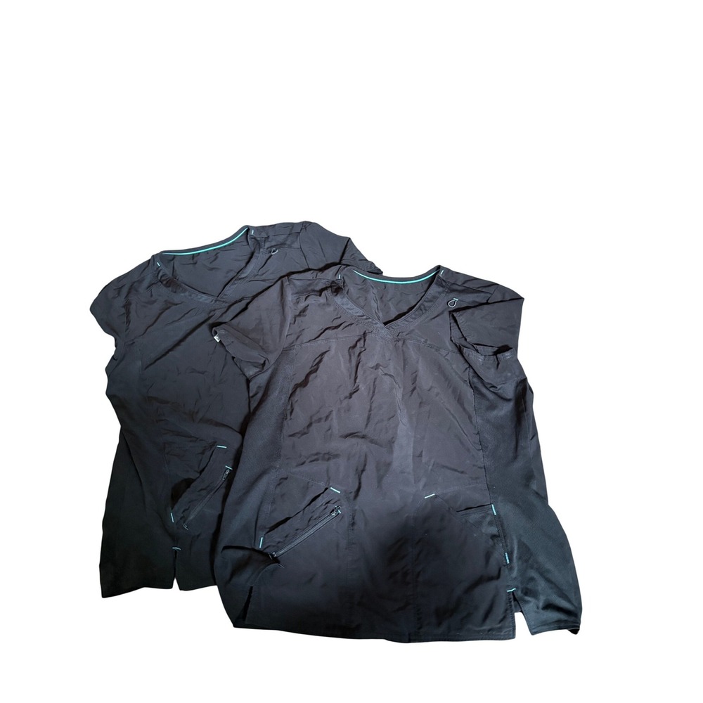 Lot of 2 Scubstar Three-Pocket Scrub‎ Tops Womens Black Teal V-Neck FIONx Small